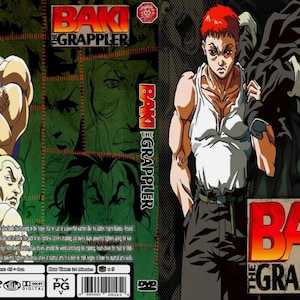 Puede incluir: Portada de DVD de la serie de anime "Baki the Grappler". La portada presenta personajes masculinos musculosos en poses de acci&oacute;n, con el t&iacute;tulo en letras rojas y naranjas en negrita. El fondo es una mezcla de tonos verdes y negros.