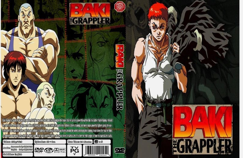 Puede incluir: Portada de DVD de la serie de anime "Baki the Grappler". La portada presenta personajes masculinos musculosos en poses de acci&oacute;n, con el t&iacute;tulo en letras rojas y naranjas en negrita. El fondo es una mezcla de tonos verdes y negros.