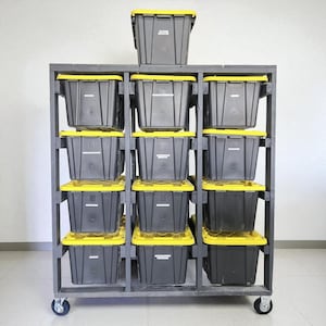 27 Gallon Tote Rack Plans, Tote Garage Storage Shelves, Organization Storage Plans, Easy Basement Organizer, Garage Storage Bin Rack Guide