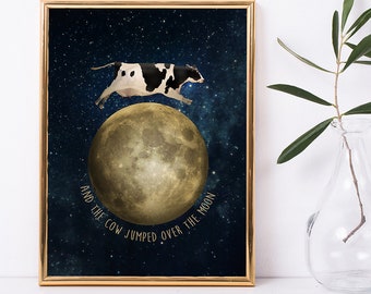 The cow jumped over the moon wall art - children's wall art - nursery rhyme print - Fun wall art