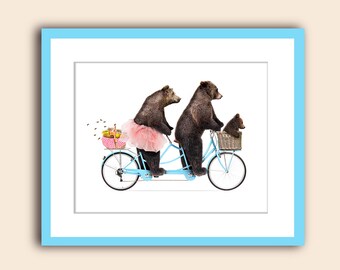 Nursery wall art, The three bears on a bike, Fun bear wall art, nursery decor, animal print, unframed