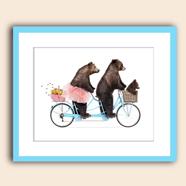 Nursery wall art, The three bears on a bike, Fun bear wall art, nursery decor, animal print, unframed