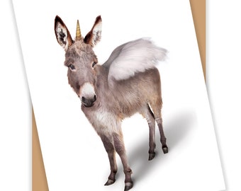 Blank greeting card, fun greeting card of donkey unicorn, funny all occasion card
