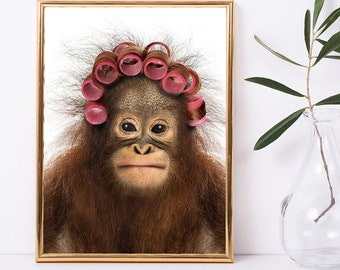 Funny monkey with curlers, orangutan wall art, orangutan poster, funny monkey poster, home decor, Father's day gift