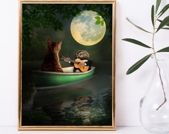 Owl and Pussycat Print, Nursery Wall Art, Kids Decor