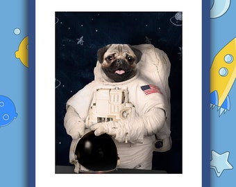 Pugs in space wall art, fun pug art, funny wall art