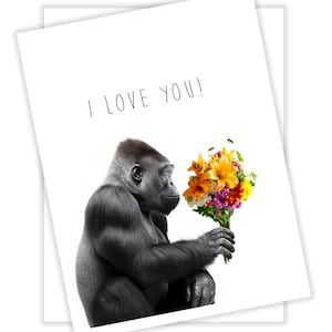 I love you gorilla with flowers card, Funny gorilla blank card, free shipping