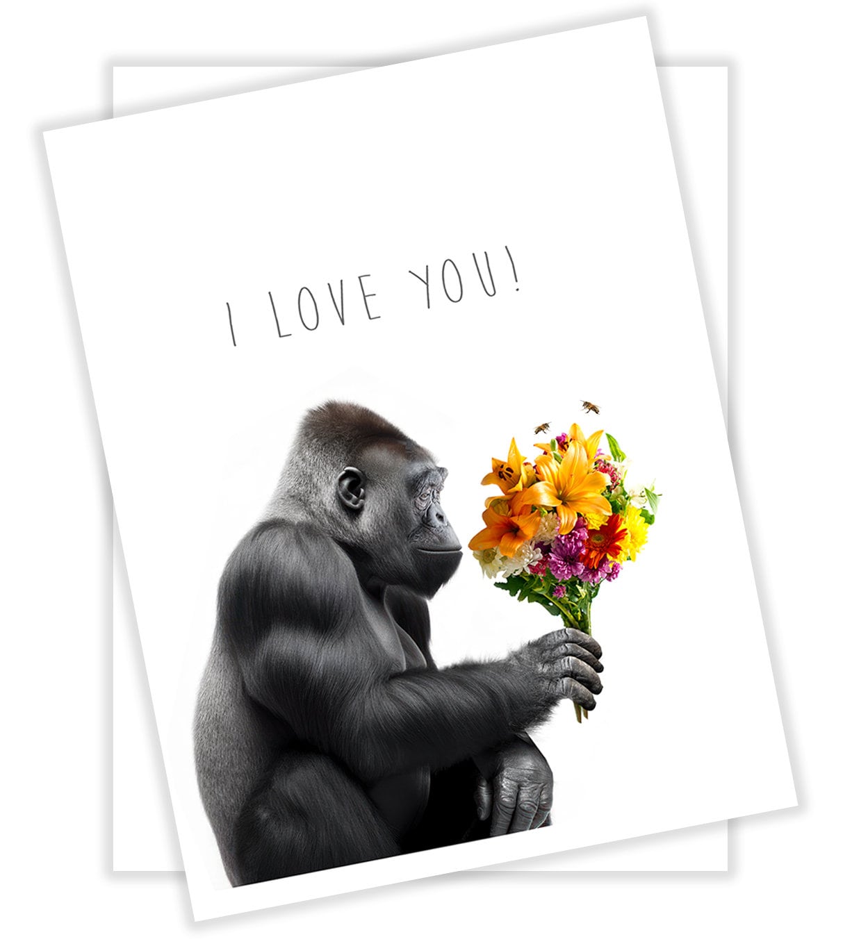 I Love You Gorilla With Flowers Card, Funny Gorilla Blank Card