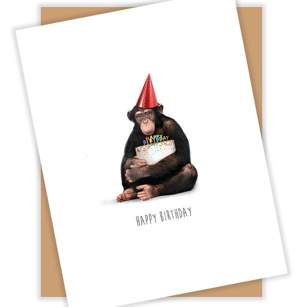 Funny monkey birthday card - blank greeting card - monkey and birthday cake - free shipping