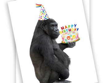 Funny gorilla birthday card - blank greeting card - gorilla and birthday cake - free shipping