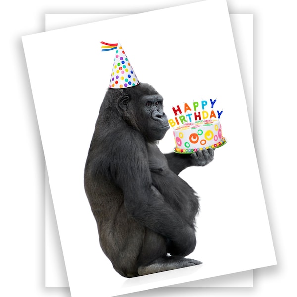 Funny gorilla birthday card - blank greeting card - gorilla and birthday cake - free shipping