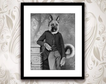 May include: Black and white framed print featuring a German Shepherd dog's head superimposed on a vintage portrait of a man in a suit. The dog is wearing a pinstripe suit, vest, and striped pants, with a pocket watch chain.