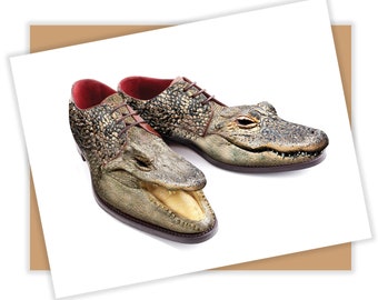 Alligator shoes art blank greeting card, fun greeting card, funny all occasion card