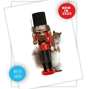 May include: A red and black nutcracker soldier with a black hat and a squirrel. The nutcracker holds a sword and has a brown fur chest. The image has a red circle that says "NEW IN 2025" and a blue circle that says "WATCH VIDEO!"