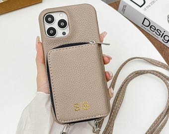 Leather iPhone Wallet Case with Strap, Personalized Crossbody