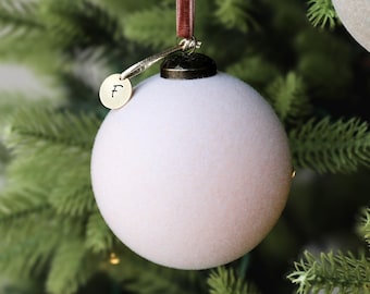 Velvet Initial Ornament, Personalized Christmas Bauble with Stamped Copper Initial