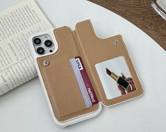 Leather iPhone Case with Mirror & Card Wallet - Personalized