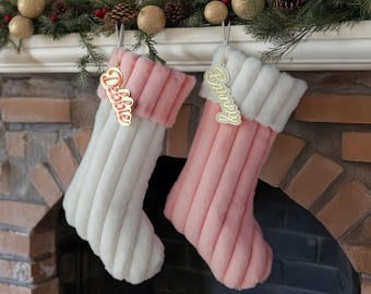 Christmas Stocking with Personalized Acrylic Name Tag, Custom Holiday Decor