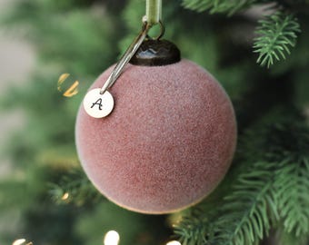 Christmas 2026 Ornament, Personalized Velvet Bauble with Stamped Copper Initial, Tree Decoration