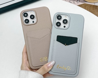 Leather iPhone Case with Card Slot, Personalized Monogram