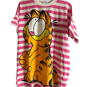 Vintage One Size Fits All Garfield Pink and White Striped Sleep Shirt