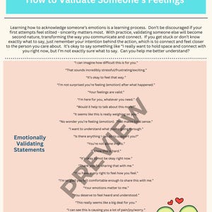 May include: A teal and white graphic titled "Emotional Validation: How to Validate Someone's Feelings." The text offers advice on validating feelings and includes a list of emotionally validating statements. Two cartoon avocados with hearts are at the bottom.