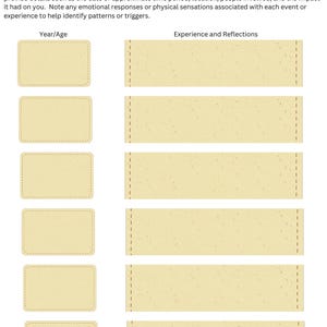 May include: A printable "Trauma Timeline" worksheet with the title at the top. The worksheet includes sections for "Year/Age" and "Experience and Reflections" with blank spaces for writing. The Next Page Counseling logo is in the top right corner.