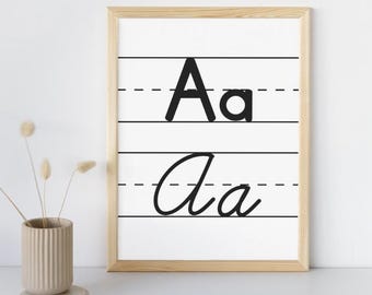 Carteles del alfabeto cursivo e impreso Alfabeto minimalista para el aula en blanco y negro
