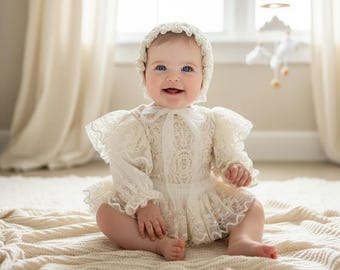 Ivory Lace Baby Romper with Bonnet, Luxury Baby Girl Christening Dress, Baptism Outfit, First Birthday Lace Dress