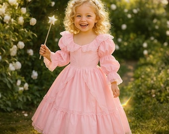 May include: A young child wearing a pink dress with lace trim and puff sleeves, holding a star-shaped wand. The dress has a ruffled collar and a tiered skirt. The child is smiling, with a background of white flowers and greenery.