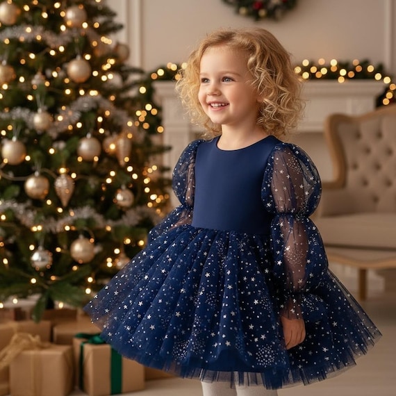 Starry Fairy Navy Blue Girls Kids Christmas Dress - Baby Girl Christmas Star Tulle Holiday Dress with Puffy Sleeves Christmas Photoshoot Starry Fairy Navy Blue Girls Kids Christmas Dress - Baby Girl Christmas Star Tulle Holiday Dress with Puffy Sleeves Christmas Photoshoot
