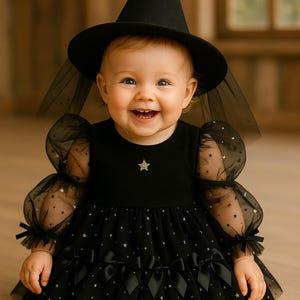 Puede incluir: Un bebé sonriente con un disfraz de bruja negro. El atuendo incluye un sombrero puntiagudo, un vestido con detalles de estrellas y mangas transparentes. Un detalle en forma de estrella adorna el corpiño. El vestido tiene una falda de tul con lazos.
