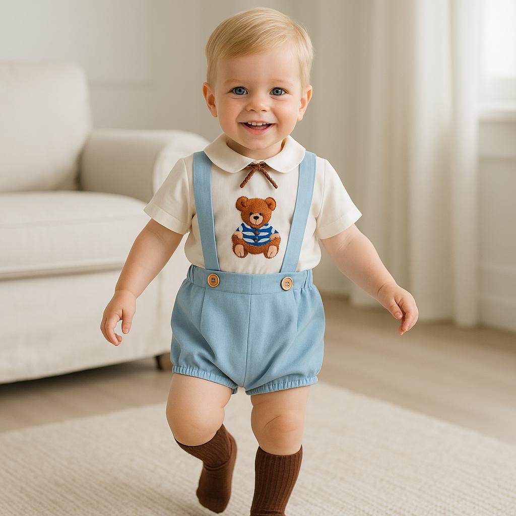 Baby Boy Birthday Outfit Set, Blue Bloomers Bear Embroidered Kids Baby Boy Blue Outfit Shirt Set with FREE socks, Blue Birthday Boy Suit