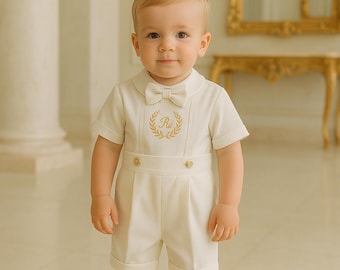 Ring Bearer Outfit, Custom Name Baby Boy White Romper Set, Personalized Baby Boy Ring Brearer White Wedding Suit Set Shirt Short Suspenders