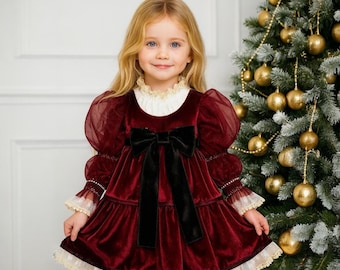 christmas burgundy dress Luxury Burgundy Velvet Girls Christmas Dress, Kids Christmas Photoshoot Dress, Baby Girl Red Christmas Dress Kids Christmas Photoshoot Dress