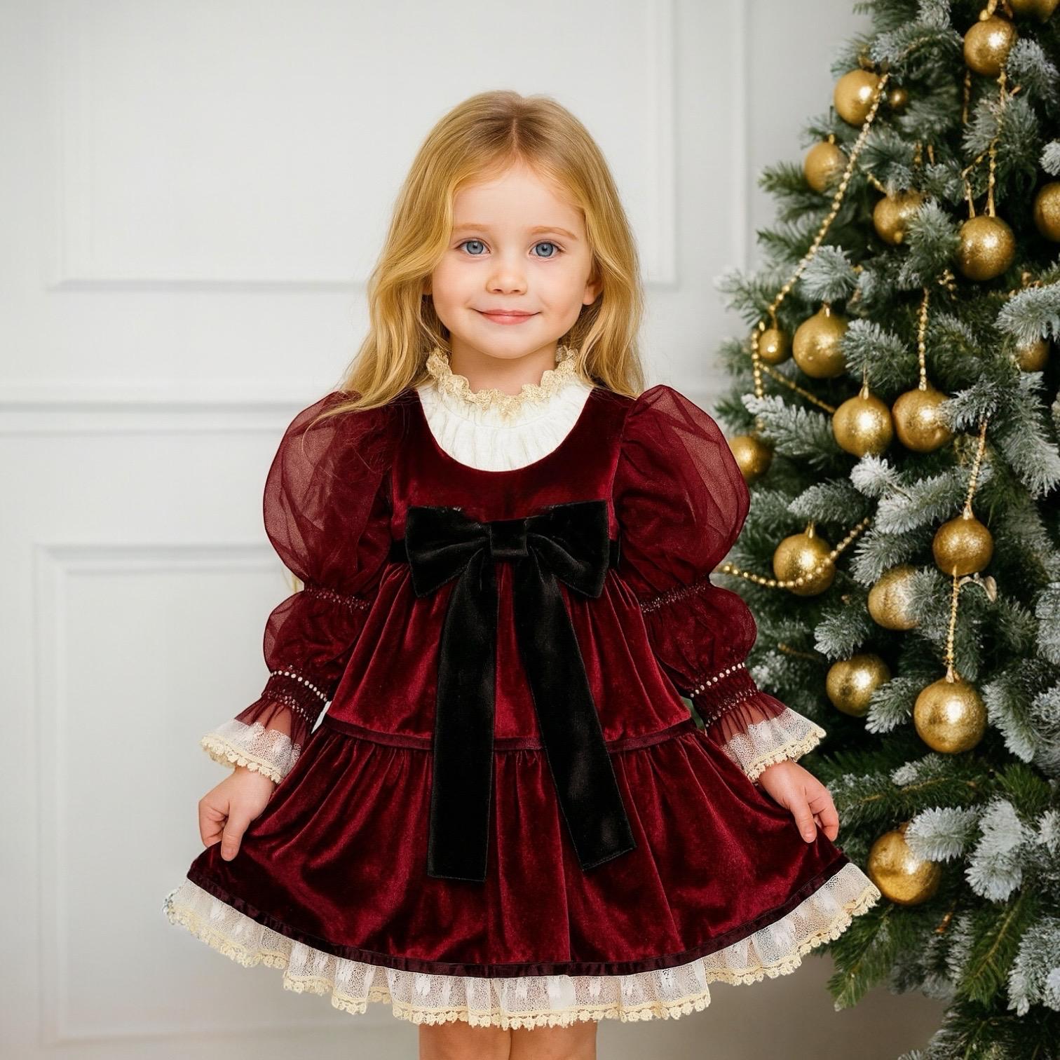 Luxury Burgundy Velvet Girls Christmas Dress, Kids Christmas Photoshoot Dress, Baby Girl Red Christmas Dress Kids Christmas Photoshoot Dress