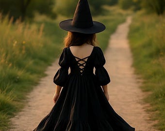 Könnte beinhalten: Ein Kind in einem schwarzen Hexenkostüm, bestehend aus einem Kleid und einem Hut, geht einen Feldweg entlang. Das Kleid hat einen gerüschten Rock und einen gekreuzten Rücken. Der Hut ist hoch und spitz. Der Hintergrund zeigt ein verschwommenes Feld und Bäume.