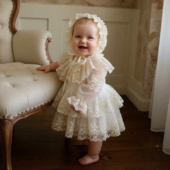 infant cream dress Garland Ribbon Baby 9 months Newborn princess dress | Baptism