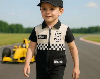 Personalisierter Racing Romper für Jungen Name und Nummer Outfit mit Name Patch Rennauto Geburtstag Anzug - Kleinkind Fahrer Halloweenkostüm