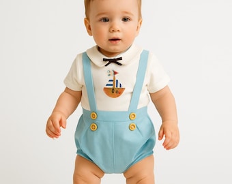 Blue Baby Boy Sailor Outift, Baby Boy Shirt Short Romper Set, Baby Boy Blue Birthday Outfit Set, Toddler Blue Birthday Sailor Outfit Set