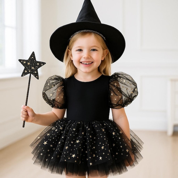 Black starry Girls Witch Halloween Costume Dress, Kids Halloween Dress, Kids Toddler Girl Witch Costume, Tulle Starry Black Witch Costume