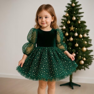 Girls Christmas Dress – Emerald Green Velvet Star Tulle Holiday Dress with Puffy Sleeves – Toddler & Kids Party Outfit Christmas Photoshoot