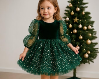 Puede incluir: Un vestido verde de terciopelo y tul con detalles de estrellas doradas. El vestido presenta mangas abullonadas transparentes y una falda amplia. Una niña pequeña lleva el vestido, de pie frente a un árbol de Navidad.