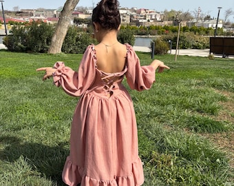 Boho Kids Dress | Baby Girl Rustic Flower Girl Wedding Birthday Outfit | Long Sleeve Backless Dress | Ruffle So Flowy Girls Dress