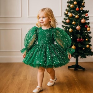 Robe de Noël verte étoilée pour fille très confortable Robe de soirée de Noël chic pour bébé fille Robe de vacances à manches bouffantes pour bébé fille Séance photo de Noël