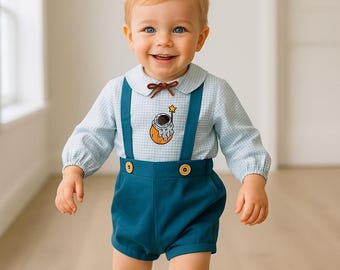 Baby Boy Space Outfit Set  Astronaut Embroidered Shirt & Blue Suspender Shorts Toddler Galaxy Clothes  First Birthday Outfit with FREE SOCKS
