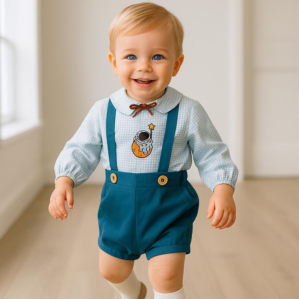 Baby Boy Space Outfit Set Astronaut Embroidered Shirt & Blue Suspender Shorts Toddler Galaxy Clothes First Birthday Outfit with FREE SOCKS