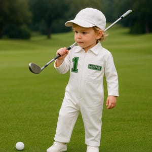 Kids Custom Name and Numbe Personalized Golf Caddie Jumpsuit, Baby Boy Baby Girl Custom Name Golf Outfit, Kids Golf Birthday Outfit Jumpsuit