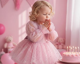 Pink Sparkly Tulle Birthday Dress for Girls, Puffy Long Sleeve Princess Outfit, Toddler Party Tutu, First Birthday Photoshoot Clothing, Star