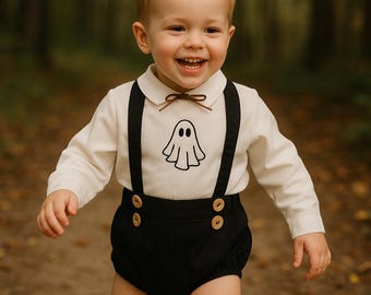 Baby Boy Embroidered Halloween  Costume Set Bloomers and Ghost Embroidered Shirt with FREE SOCKS, Baby Boy Spooky Halloween Costume